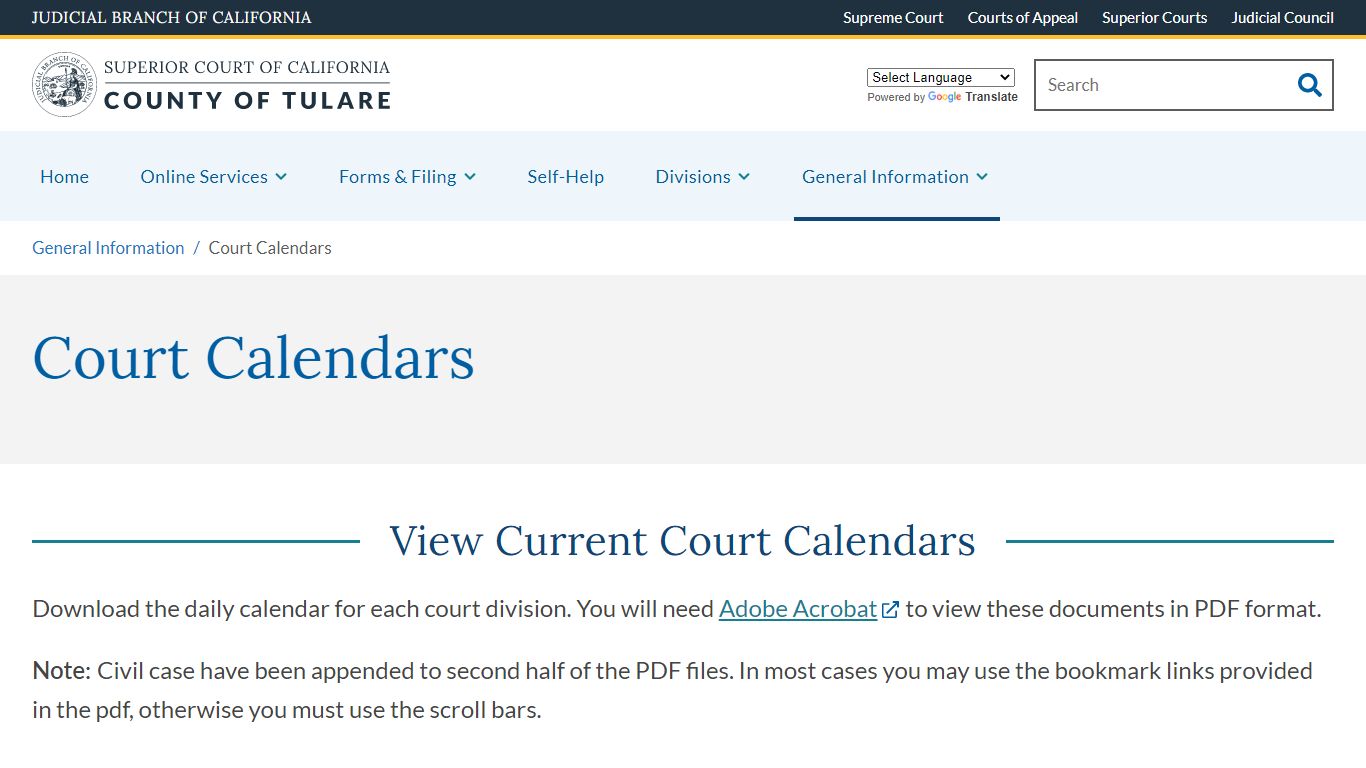 Court Calendars | Judicial Council of California | County of Tulare